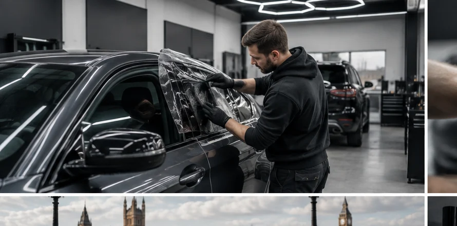 Technician applying automotive window film